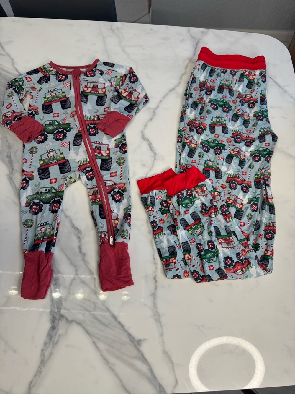 Matching set Christmas monster truck footie pajamas and mom joggers